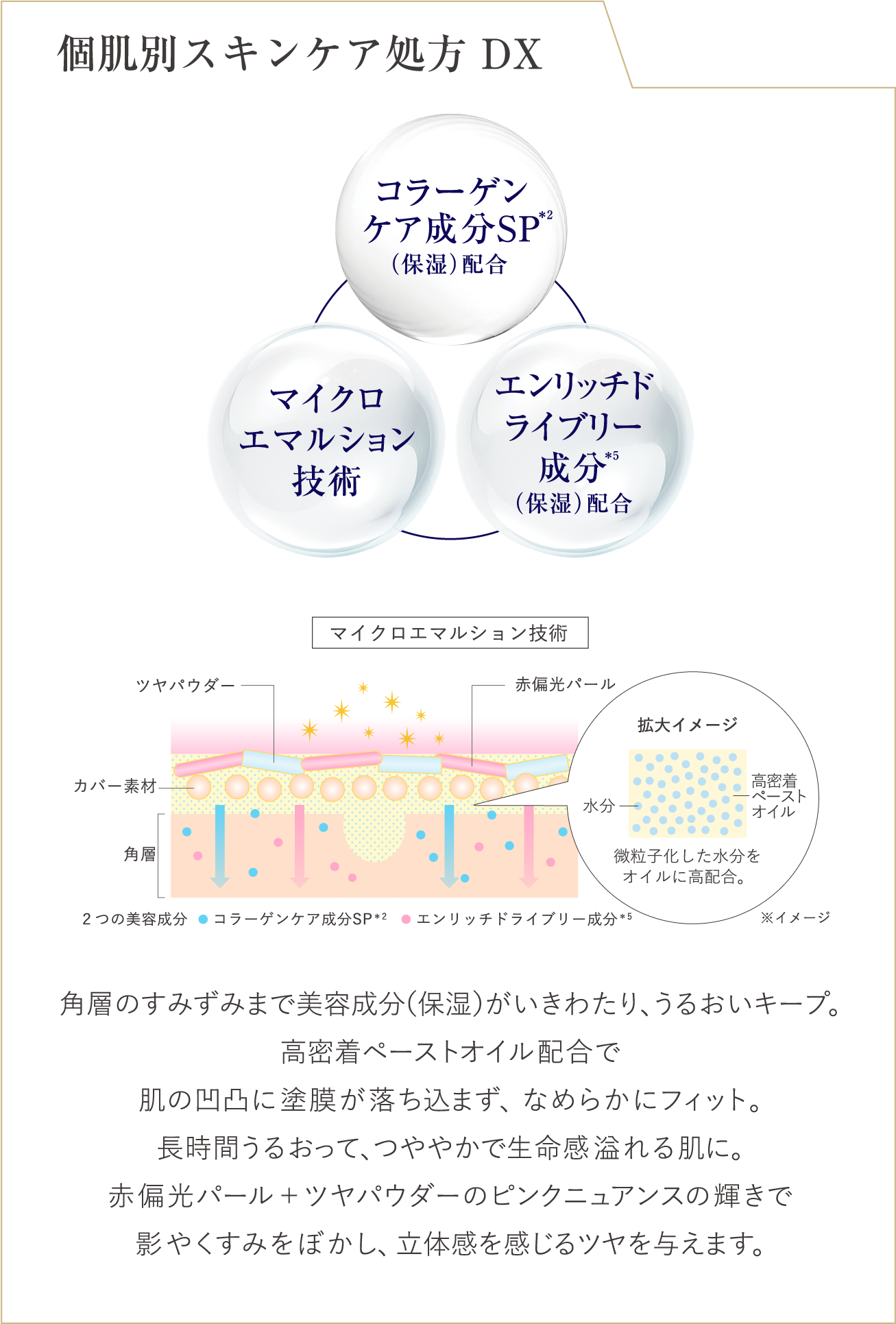 個肌別スキンケア処方 DX コラーゲンケア成分SP 注釈2 保湿 配合 マイクロエマルション技術 エンリッチドライブリー成分 注釈5 保湿 配合 角層のすみずみまで美容成分 保湿 がいきわたり うるおいキープ 高密着ペーストオイル配合で肌の凹凸に塗膜が落ち込まず なめらかにフィット 長時間うるおって つややかで生命感溢れる肌に 赤偏光パールとツヤパウダーのピンクニュアンスの輝きで影やくすみをぼかし 立体感を感じるツヤを与えます