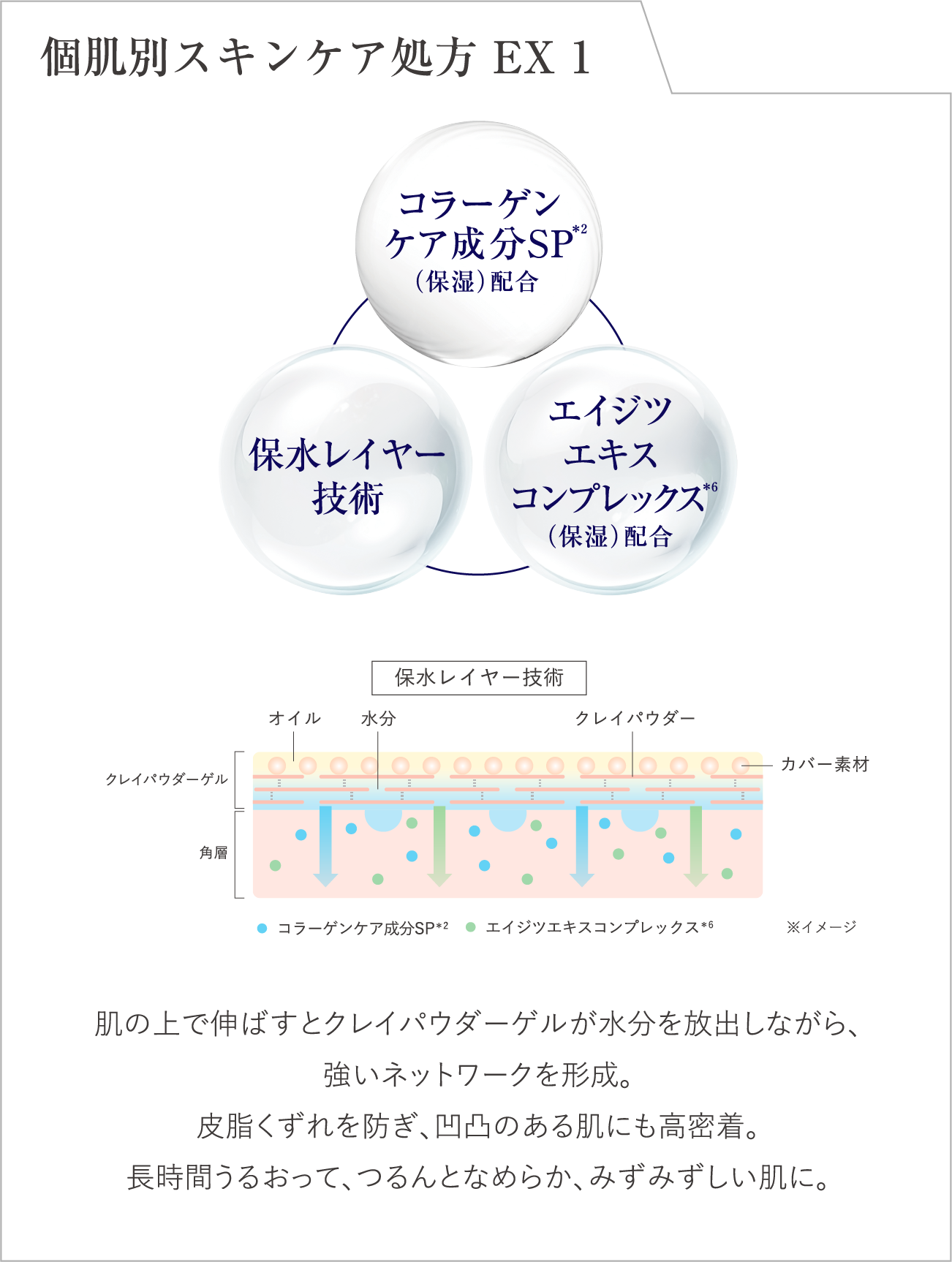 個肌別スキンケア処方 EX 1 コラーゲンケア成分SP 注釈2 保湿 配合 保水レイヤー技術 エイジツエキスコンプレックス 注釈6 保湿 配合 肌の上で伸ばすとクレイパウダーゲルが水分を放出しながら 強いネットワークを形成 皮脂くずれを防ぎ 凹凸のある肌にも高密着 長時間うるおって つるんとなめらか みずみずしい肌に