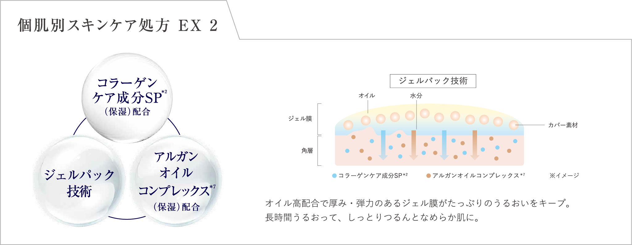 個肌別スキンケア処方 EX 2 コラーゲンケア成分SP 注釈2 保湿 配合 ジェルパック技術 アルガンオイルコンプレックス 注釈7 保湿 配合 オイル高配合で厚み 弾力のあるジェル膜がたっぷりのうるおいをキープ 長時間うるおって しっとりつるんとなめらか肌に