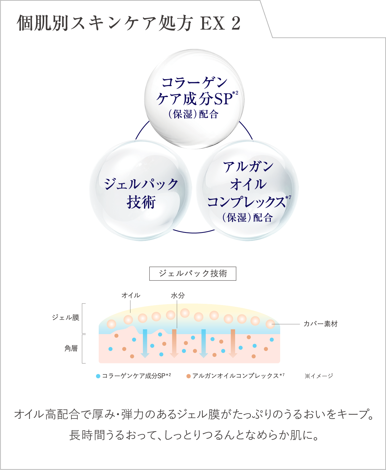 個肌別スキンケア処方 EX 2 コラーゲンケア成分SP 注釈2 保湿 配合 ジェルパック技術 アルガンオイルコンプレックス 注釈7 保湿 配合 オイル高配合で厚み 弾力のあるジェル膜がたっぷりのうるおいをキープ 長時間うるおって しっとりつるんとなめらか肌に