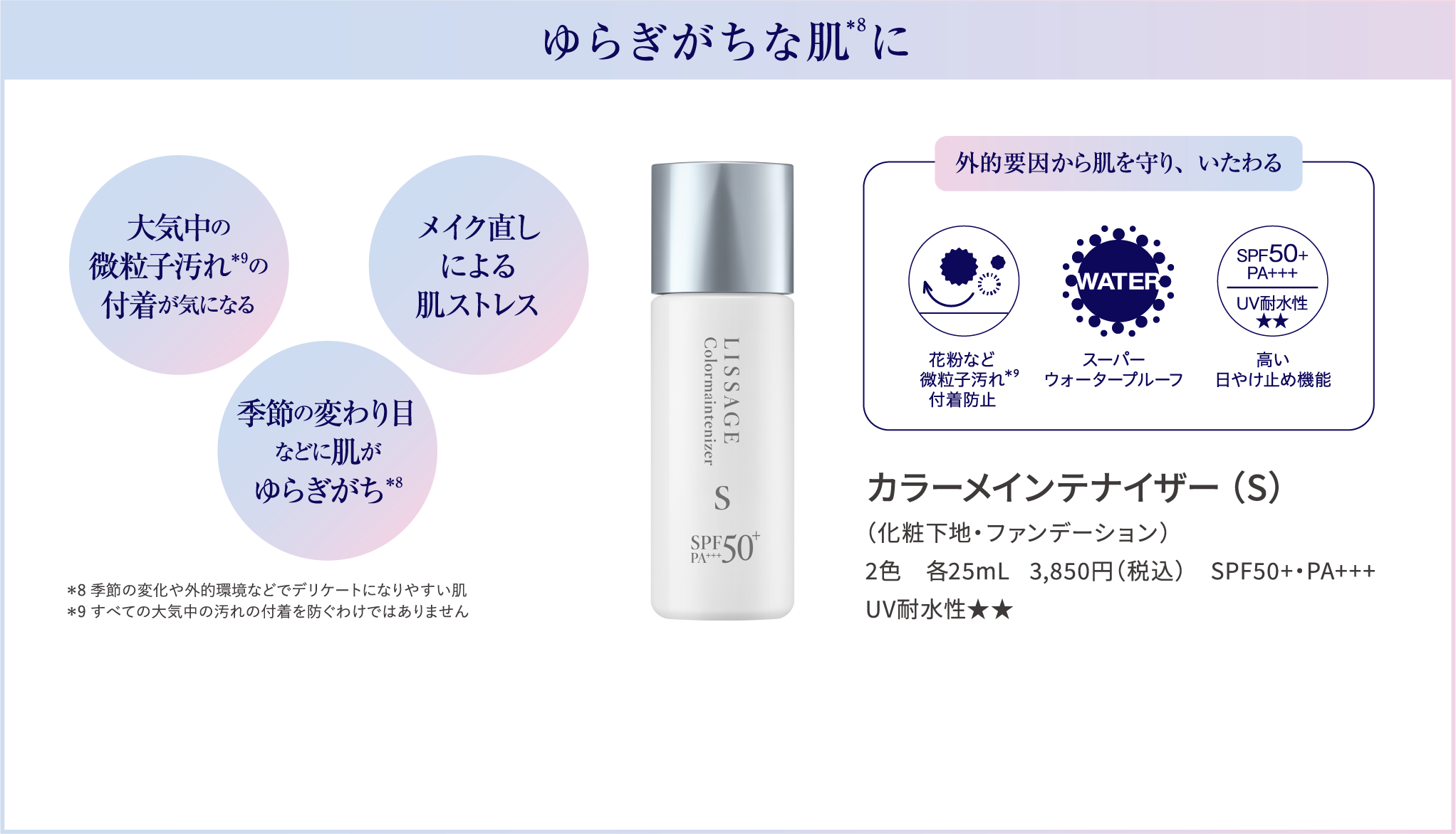 ゆらぎがちな肌 注釈8 に 大気中の微粒子汚れ 注釈9 の付着が気になる メイク直しによる肌ストレス 季節の変わり目などに肌がゆらぎがち 注釈8 外的要因から肌を守り いたわる 花粉など微粒子汚れ 注釈9 付着防止 スーパーウォータープルーフ 高い日やけ止め機能 注釈8 季節の変化や外的環境などでデリケートになりやすい肌 注釈9 すべての大気中の汚れの付着を防ぐわけではありません カラーメインテナイザー S 化粧下地 ファンデーション 2色 各25mL 3,850円 税込 SPF50プラス PAスリープラス UV耐水性 星2つ