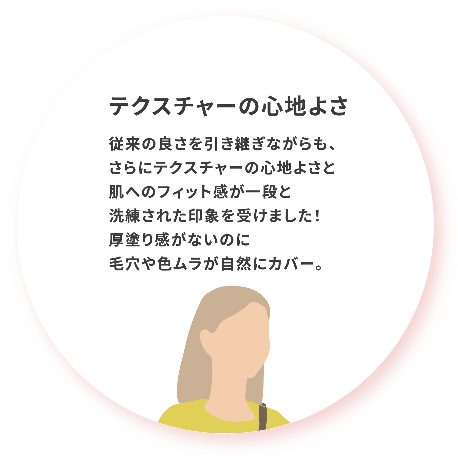 テクスチャーの心地よさ 従来の良さを引き継ぎながらも さらにテクスチャーの心地よさと肌へのフィット感が一段と洗練された印象を受けました 厚塗り感がないのに毛穴や色ムラが自然にカバー