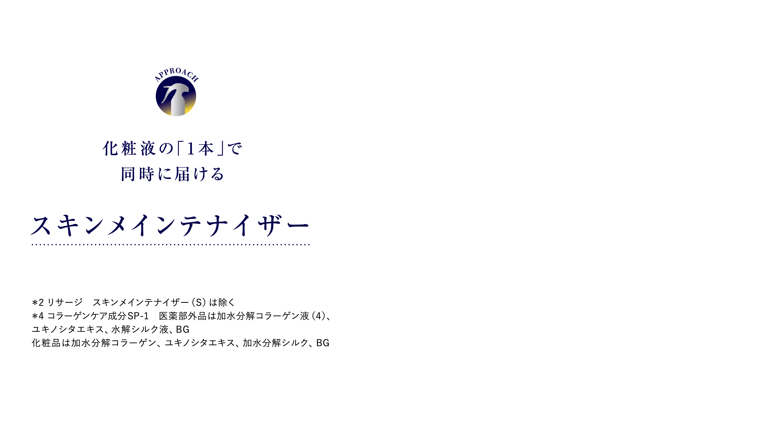 APPROACH 化粧液の1本で同時に届けるスキンメインテナイザー 速くなじむ ムラなくなじむ 長時間角層深くうるおう  長時間 リサージ スキンメインテナイザー S は除く コラーゲンケア成分SP 保湿 配合 コラーゲンケア成分SP-1 医薬部外品は加水分解コラーゲン液 4  ユキノシタエキス 水解シルク液 BG 化粧品は加水分解コラーゲン ユキノシタエキス 加水分解シルク BG
